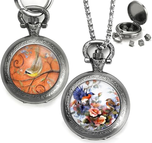 Mini DND Würfel Set mit Taschenuhr 2Pack, Polyedrische Metall Würfelset für Dungeons & Dragons/D&D, Kleine Würfel Tragbare Halskette Schlüsselanhänger für Männer Frauen RPG Geschenke(Flower & Bird-B) von ZHOORQI