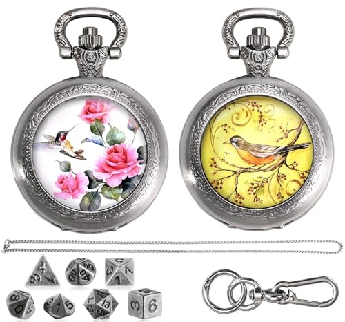 Mini DND Würfel Set mit Taschenuhr 2Pack, Polyedrische Metall Würfelset für Dungeons and Dragons, Kleine Würfel Tragbare Halskette Schlüsselanhänger für Männer Frauen RPG Geschenke(Flower & Bird-D) Mini DND Würfel Set mit Taschenuhr 2Pack, Polyedrische Metall Würfelset für Dungeons and Dragons, Kleine Würfel Tragbare Halskette Schlüsselanhänger für Männer Frauen RPG Geschenke(Flower & Bird-D) von ZHOORQI