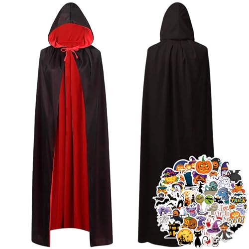 Vampirumhang Unisex Umhang,Mit Halloween Sticker, Kapuzenumhang in Schwarz-Rot, Beidseitig, Kapuzenumhang Schwarz Rot Doppelseitig Mit Erwachsener und Kinder Für Halloween Kostüm (140) von ZHOUHON