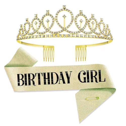 ZHOUHON Geburtstagskrone Geburtstags SchäRpe Prinzessin Krone Glitzer Gold Geburtstag Mädchen Schärpe & Strass Tiara Kit für Geburtstag Geschenk Party Zubehör und Dekorationen(Gold-G) von ZHOUHON