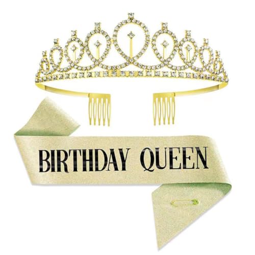 ZHOUHON Geburtstagskrone Geburtstags SchäRpe Prinzessin Krone Glitzer Gold Geburtstag Mädchen Schärpe & Strass Tiara Kit für Geburtstag Geschenk Party Zubehör und Dekorationen (Gold) von ZHOUHON