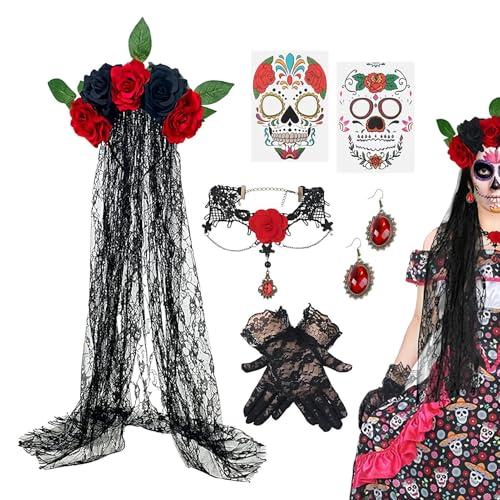 ZHUMCCY Tag Der Kostüm Set | kostüm Schleier Ohrring Set,Halloween Spitzenhandschuhe Schleier Ohrring Halskette Kostüm für Damen Bühnenperformance Cosplay Maskerade ZHUMCCY Tag Der Kostüm Set | kostüm Schleier Ohrring Set,Halloween Spitzenhandschuhe Schleier Ohrring Halskette Kostüm für Damen Bühnenperformance Cosplay Maskerade von ZHUMCCY