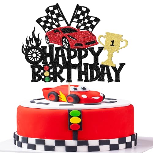 1 x Rennwagen Happy Birthday Tortenaufsatz Glitzer Ampel Rad Trophäe Flagge Rennwagen Kuchen Pick für Let's Go Racing Thema Babyparty Kinder Jungen Mädchen Geburtstag Party Kuchen Dekorationen Zubehör von ZHUOWEISM