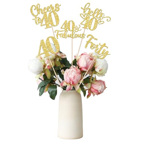 15 Stück Happy 40th Birthday Tafelaufsätze Hello 40 Fabulous Table Flower Centerpieces Sticks Forty Cheers to 40 Years Floral Decoration for Happy 40th Birthday Party Centerpieces Sticks Gold von ZHUOWEISM