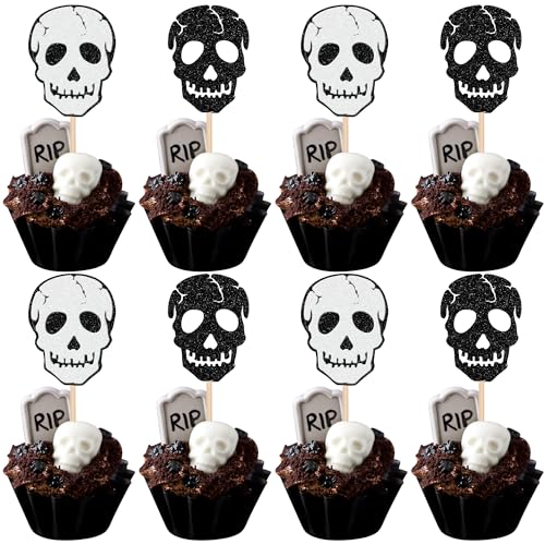 24 Stück Halloween Totenkopf Cupcake Toppers Glitzer Schädel Kopf Cupcake Picks Horror Schädel Halloween Cupcake Dekoration für Totenkopf Halloween Thema Babyparty Geburtstag Party Kuchen Dekorationen von ZHUOWEISM