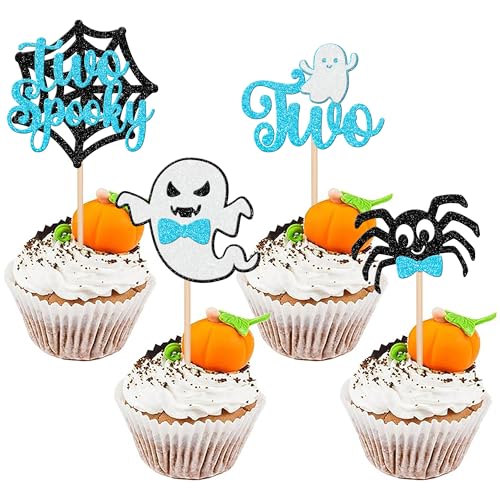 24 Stück Halloween gruselige zwei Cupcake-Topper Glitzer Spinne Little Boo Ghost Boy 2. Geburtstag Cupcake Picks für Halloween Motto Babyparty Kinder Jungen 2. Geburtstag Party Kuchen Dekorationen von ZHUOWEISM