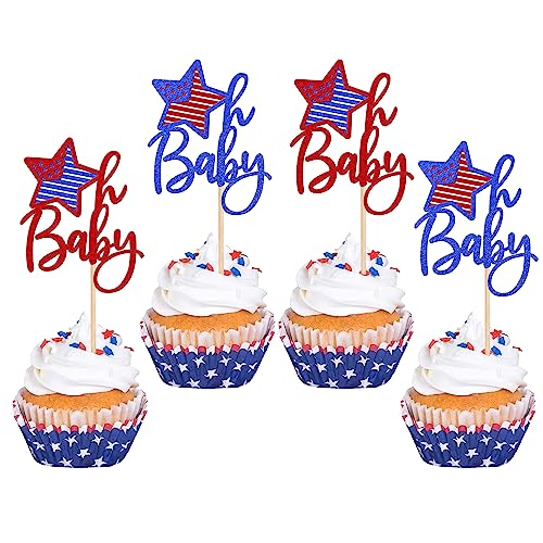 24 Stück Independence Day Oh Baby Cupcake Topper Glitzer Blau Rot Glitzer 4. Juli Stern Cupcake Picks für Unabhängigkeitstag Babyparty Geburtstag Party Kuchen Dekorationen Zubehör von ZHUOWEISM