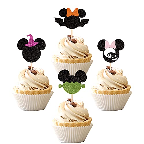 24 Stück glitzernde Minnie inspirierte Halloween Cupcake Topper Hexenhut Geist Fledermaus Cupcake Picks Happy Halloween Mini Thema Babyparty Geburtstag Party Kuchen Dekorationen Zubehör von ZHUOWEISM