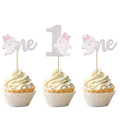 24 Stück gruselige Cupcake-Topper Glitzer Geist One Cupcake Picks Geist First Birthday Halloween Kuchen Dekorationen für Halloween Thema Babyparty Kinder 1. Geburtstag Party Supplies Silber von ZHUOWEISM