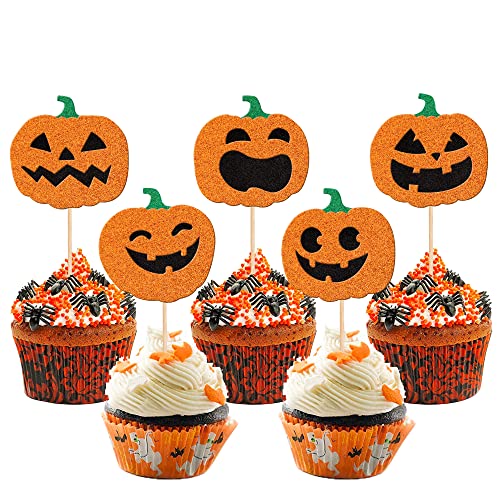 30 PCS Halloween Pumpkin Cupcake Toppers Glitter Jack-O-Lantern Halloween Cupcake Picks for Halloween Theme Kids Birthday Festival Party Cake Decorations Supplies von ZHUOWEISM