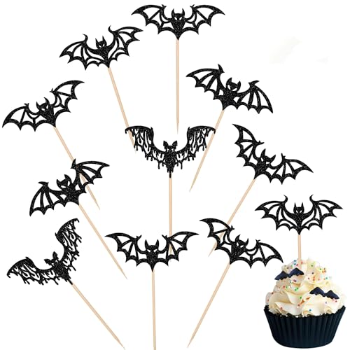 30 Stück Halloween-Fledermaus-Cupcake-Topper, schwarzer Glitzer, Fledermaus, Halloween-Cupcake-Picks, Halloween-Fledermaus-Cupcake-Dekorationen für Halloween, Fledermaus, Babyparty, Kindergeburtstag, von ZHUOWEISM