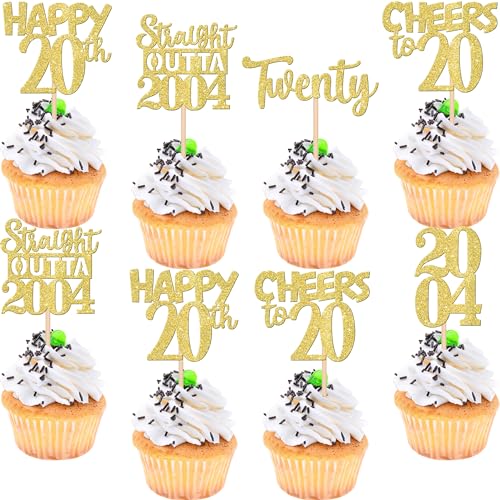 30 Stück gerade Outta 2003 Cupcake-Topper Gold Glitter Twenty Happy 20th Birthday Cupcake Picks Cheers to 20 Years Cake Decorations for 20th Birthday Anniversary Party Dekoration Supplies von ZHUOWEISM