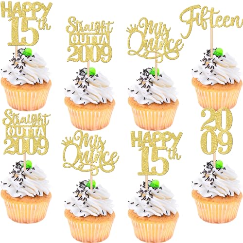 30 Stück gerade Outta 2008 Cupcake-Topper Gold Glitter Fifteen Happy 15th Birthday Cupcake Picks Cheers to 15 Years Cake Decorations for 15th Birthday Anniversary Party Dekoration Supplies von ZHUOWEISM