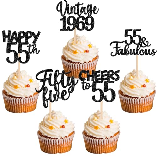 30PCS Happy 55th Birthday Cupcake Toppers Glitter Fifty Five Vintage 1969 Cupcake Picks 55 Fabulous Cheers to 55 Years Cake Decorations for 55th Birthday Anniversary Party Supplies Black von ZHUOWEISM