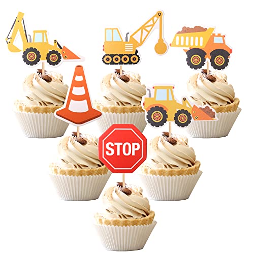 36 Stück Bau-Cupcake-Topper Stop-Schild Kipper LKW Bagger Traktor Party Kuchen Lebensmittel Picks Dekorationen für Bauthema Babyparty Kinder Geburtstag Party Zubehör von ZHUOWEISM