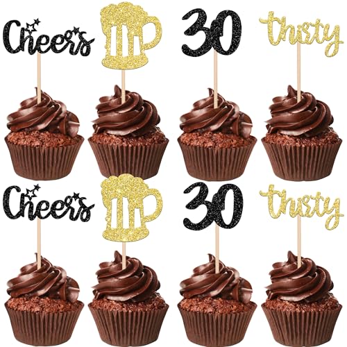 36 Stück Cupcake-Topper mit Aufschrift "Cheers and Beers to 30 Years", Glitzer, Bierkrug zum 30. Geburtstag, Kuchendekoration von ZHUOWEISM