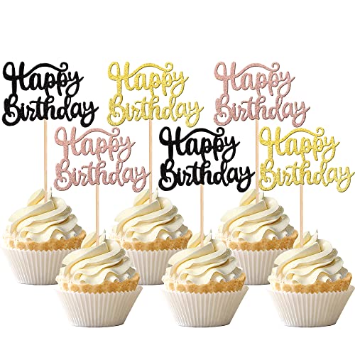 36 Stück Happy Birthday Cupcake Topper Glitzer Geburtstag Cupcake Picks Dekoration für Feiern Geburtstag Party Kuchen Dekorationen Zubehör Gold Schwarz Roségold von ZHUOWEISM