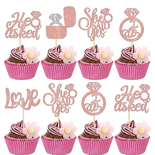 Cupcake-Aufsätze mit Aufschrift "He Asked She Said Ye", Diamant-Ring, Cupcake-Picks, Love I Do, Brautparty, Kuchendekorationen für Hochzeit, Verlobung, Mottoparty, Roségold, 30 Stück von ZHUOWEISM