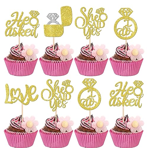 Cupcake-Aufsätze mit Aufschrift "He Asked She Said Ye", Diamant-Ring, Cupcake-Picks für Hochzeit, Verlobung, Brautparty, Party, Kuchendekorationen, Zubehör, Gold, 30 Stück von ZHUOWEISM