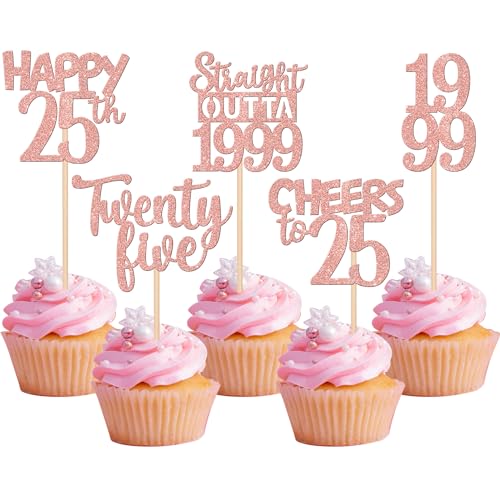 Cupcake-Topper zum 25. Geburtstag, glitzernd, Twenty Five Happy 25th Straight Outta 1998, Cupcake-Picker für Cheers to 25 Years 25th Birthday Anniversary Party Kuchen Dekorationen Supplies Roségold von ZHUOWEISM