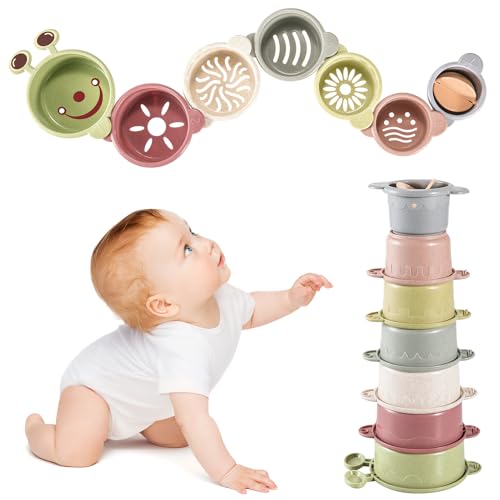 Stapelbecher Baby Spielzeug, 7 Stück Stapelbecher Stapelturm Baby für 1 Jahre, Kinder Badespielzeug Sandspielzeug Becher, Stapelspiel Lernspielzeug Montessori Geschenk ab 6+ Monate Junge Mädchen von ZHUOYOU