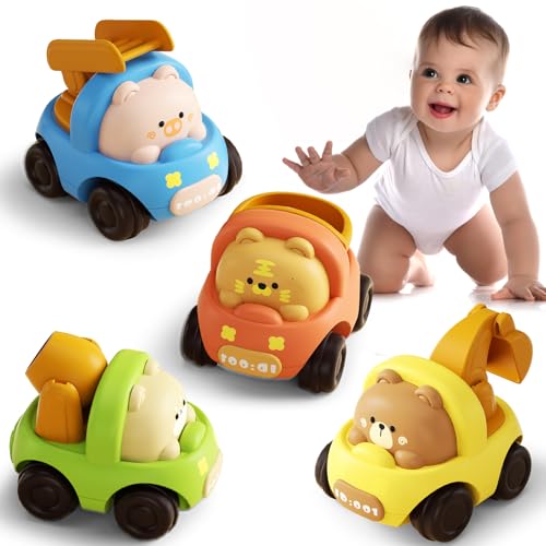 ZHUOYOU Auto Spielzeug ab 1 Jahr, Baby Spielzeugauto Tier Rennwagen, 4 Stück Kinder Spielzeug Auto Bagger, Spielfahrzeug für Kleinkinder 12 Monate, Geschenk für Jungen Mädchen ab 1 2 3 Jahr von ZHUOYOU