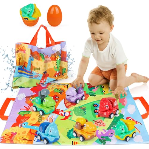 ZHUOYOU Baby Dinosaurierautos, Jungen Dino Auto Spielzeug, Kinder 6 Stück Dinosaurier Spielzeugauto mit Spielmatte und Aufbewahrungstasche, Kleink Geschenke für 1 2 3 Jahre alte Mädchen von ZHUOYOU