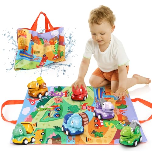 ZHUOYOU Baby Dinosaurierautos, Jungen Dino Auto Spielzeug, Kinder 6 Stück Dinosaurier Spielzeugauto mit Spielmatte und Aufbewahrungstasche, Kleink Geschenke für 1 2 3 Jahre alte Mädchen von ZHUOYOU