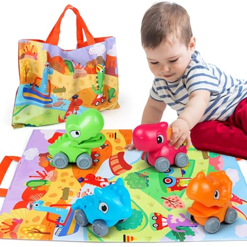 Dinosaurier Spielzeug, 4 Stück Auto Dino Spielzeug mit Spielmatte, Dinosaurier Baby Auto Spielzeug ab 1Jahr Jungen, Kinderspielzeug ab 2 3 Jahre Geschenke Spielzeugauto Kinder Jungen Mädchen von ZHUOYOU