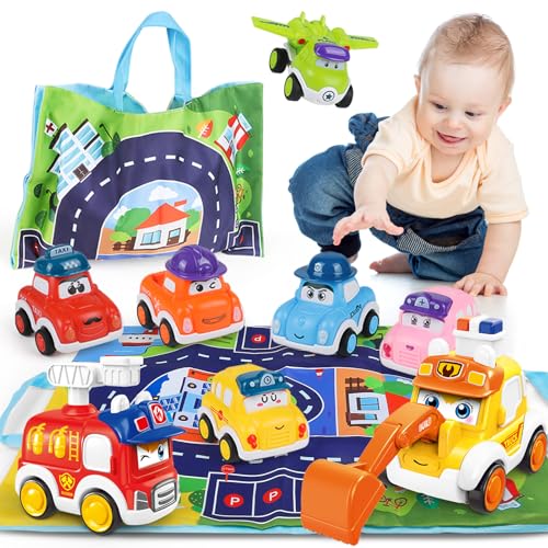 Baby Auto Spielzeug ab 1 Jahre Junge, 8 Stück Lastwagen Spielzeugauto mit Spielmatte & Aufbewahrungstasche, Press Go Spielfahrzeug Set für Kleinkinder Pull Back Auto Geschenk für Kinder 2 3 4 Jahr von ZHUOYOU