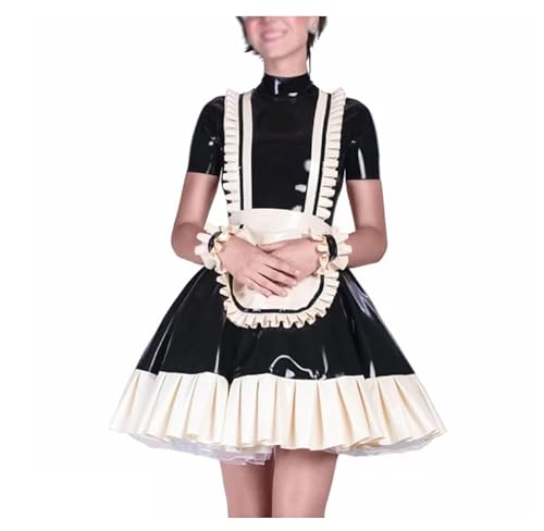 ZHUOYUANUPOMJ Halloween-Kostüm für Dienstmädchen, Cosplay, Rüschen, kurzärmelig, Lolita-Kleid, Outfits, Wet-Look, Stehkragen, A-Linie, plissiert, Dienstmädchen-Uniform, Schwarz , 48 von ZHUOYUANUPOMJ