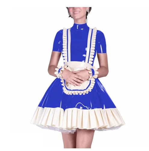 ZHUOYUANUPOMJ Halloween-Kostüm für Dienstmädchen, Cosplay, Rüschen, kurzärmelig, Lolita-Kleid, Outfits, Wet-Look, Stehkragen, A-Linie, plissiert, Dienstmädchen-Uniform, königsblau, 52 von ZHUOYUANUPOMJ