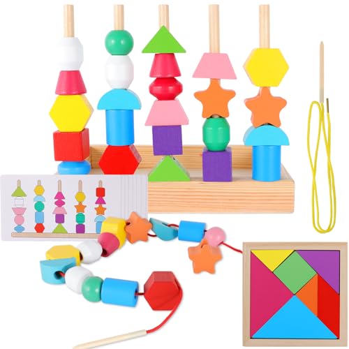 Holzspielzeug Fädelspiel Bausteine Sortierspiel, Holzperlen Geschenk Lernspiel, Motorikspielzeug Steckspiel Perlen, Fädelspiel mit Ablagefach und Karten Tangram, Perlen Stapelspielzeug für Baby Kinder von ZHXGO