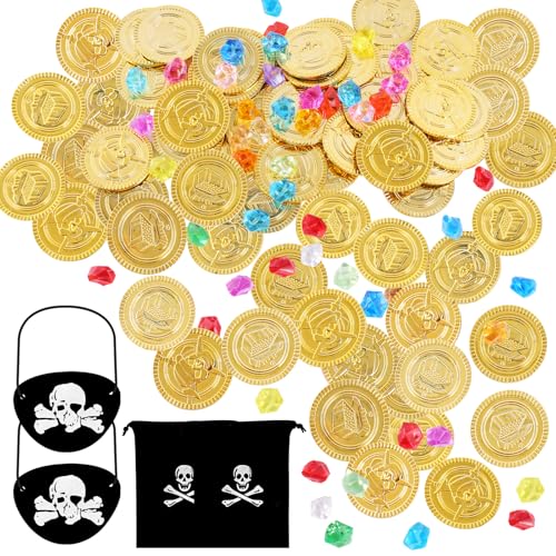 100 Stück Piratenschatz, Piraten Goldmünzen Set mit 50 Goldmünzen, 50 Edelsteine 2 Aufbewahrungstaschen 2 Piraten Augenklappen, Mehrfarbige Piraten Schmucksteine Set, Piraten Goldmünzen für Kinder von ZHXGO