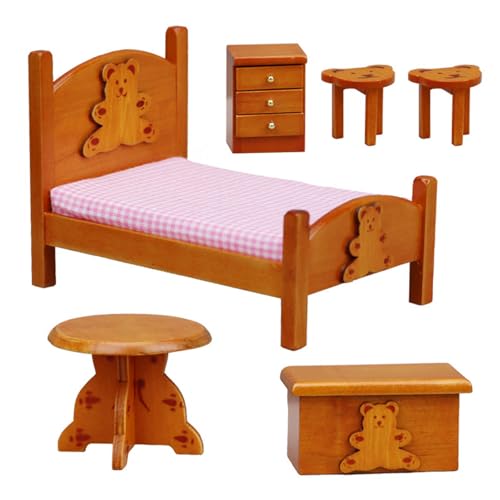 Schlafzimmer Szene Bettandtischstuhlbett Trep Play Kid Playset Schlafzimmer Realistische Puppenhäuser Möbelspielset Playset von ZIDDAR