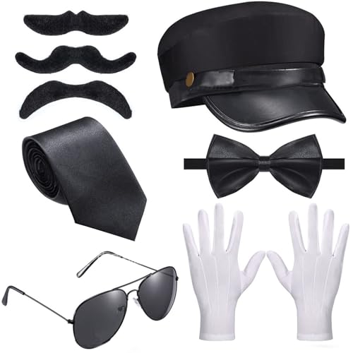 ZIDDAR Chauffeur Schnurrbart Brille Fliege Handschuhe Set Für Halloween Chauffeur Rollenspiel Junggesellenabschied Foto Requisiten von ZIDDAR