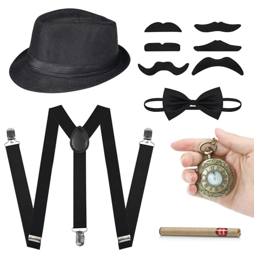 ZITUZY 20er Jahre Accessoires Herren, Mafia Carnival Costume, 20er Jahre Accessoires, Panamahut Taschenuhr Fliege Hosenträger Bärte, Herren Kostüm Set von ZITUZY