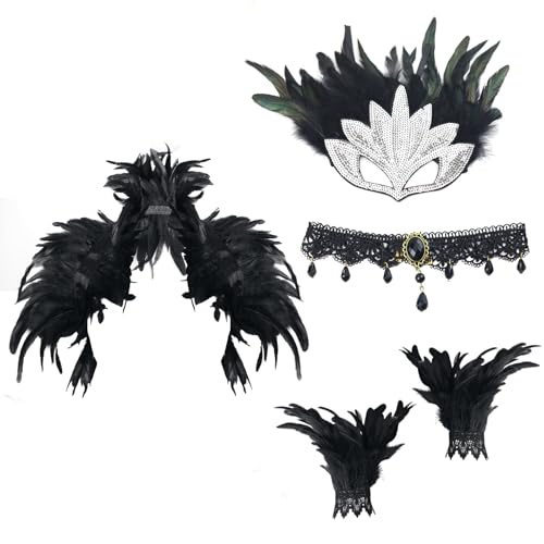 ZITUZY Schwarze Federumhang mit Feder-Manschetten Spitzenhalskette Federmaske, Maskerade Cosplay Kostüm, Gothic Feder Achselzucken Schal für Damen Halloween Karneval Maskerade von ZITUZY