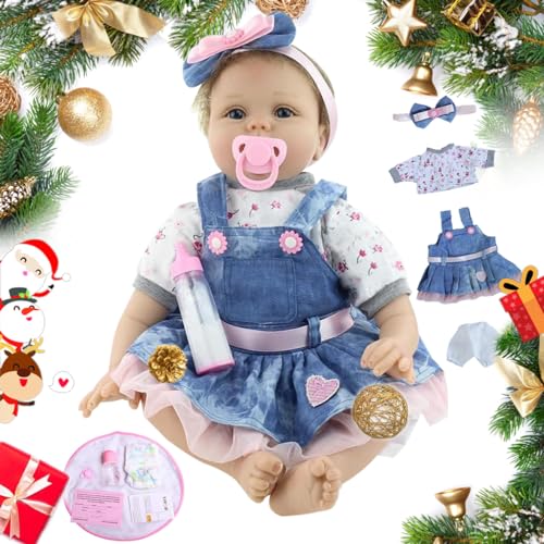 ZIYIUI Reborn Baby Mädchen 22zoll/55cm Babypuppen Reborn Girl Toddler Silikon Puppen Baby Im Jeansrock Handgemacht Kinderspielzeug von ZIYIUI