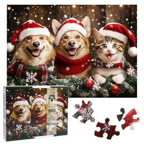 Weihnachtspuzzles für Hunde und Katzen, 500 Teile, Weihnachtspuzzles für Erwachsene, herausfordernde Puzzles, perfekt für Weihnachtsspiele, Urlaub, Weihnachtsfeier, Geschenke, Wohnzimmer-Puzzle, von ZIZICG