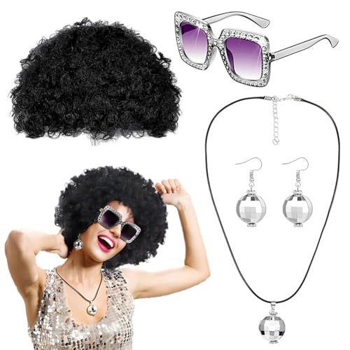 4 Stück 60er 70er Jahre Perücke Disco Damen Set,Hippie Mode Afro Perücke,Hippie Perücken Kostüm Zubehör Set,Disco Halskette,Disco Ohrringe,Für Motto Party Cosplay Halloween Fasching Karneval (Silber) von ZJILIXIA