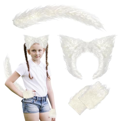 4 Stück Wolf Kostüm Kinder,Plüsch Wolf Fuchsschwanz Kinder Set Mit Wolfsohren Haarreif,Wolfsschwanz,Handschuhe,Karneval Kostüm Kinder,Für Cosplay Maskerade Partys Feste Wolfskostüm Karneval (Weiß) von ZJILIXIA