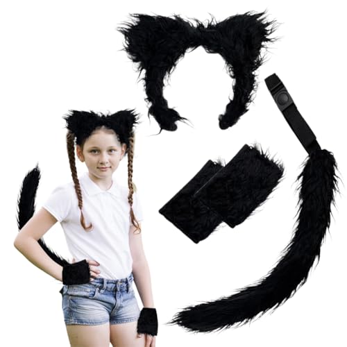 4 Stück Wolf Kostüm Kinder,Plüsch Wolf Fuchsschwanz Kinder Set Mit Wolfsohren Haarreif,Wolfsschwanz,Handschuhe,Karneval Kostüm Kinder,Für Cosplay Maskerade Partys Feste Wolfskostüm Karneval (Schwarz) von ZJILIXIA