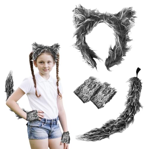 4 Stück Wolf Kostüm Kinder,Plüsch Wolf Fuchsschwanz Kinder Set Mit Wolfsohren Haarreif,Wolfsschwanz,Handschuhe,Karneval Kostüm Kinder,Für Cosplay Maskerade Partys Feste Wolfskostüm Karneval (Grau) von ZJILIXIA