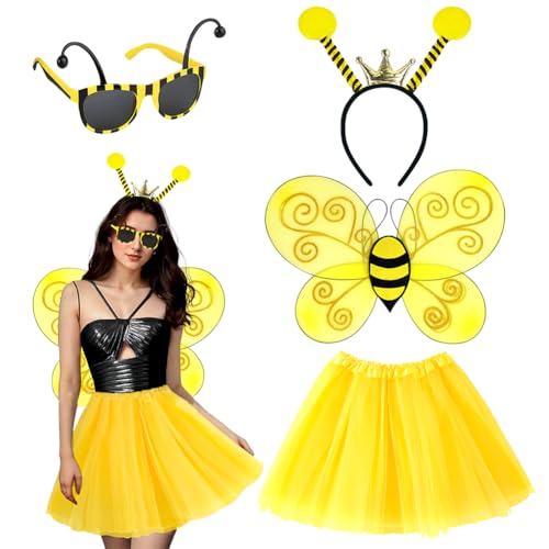 Biene Kostüm,Bienen Kostüm Accessoires Für Kinder Und Erwachsene,Bienenkostüm Mit Flügeln Antenne Stirnband Sonnenbrille,Bienenfee Ballerina Tutu Rock,Für Karneval Halloween Cosplay Party (Erwachsene) von ZJILIXIA