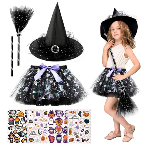 Hexenkostüm Kinder Mädchen,Halloween Kostüm Kinder,Kinder Zauberer Verkleiden Cosplay Kostüm Set,Faschingskostüme Halloween Karneval Kostüm,Mit Hexenhut,Hexenbesen Und 4 Halloween Aufkleber (Schwarz) von ZJILIXIA