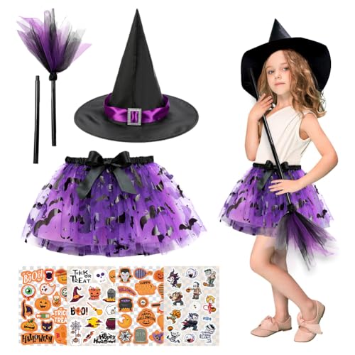 Hexenkostüm Kinder Mädchen,Halloween Kostüm Kinder,Kinder Zauberer Verkleiden Cosplay Kostüm Set,Faschingskostüme Halloween Karneval Kostüm,Mit Hexenhut,Hexenbesen Und 4 Halloween Aufkleber (Lila) von ZJILIXIA