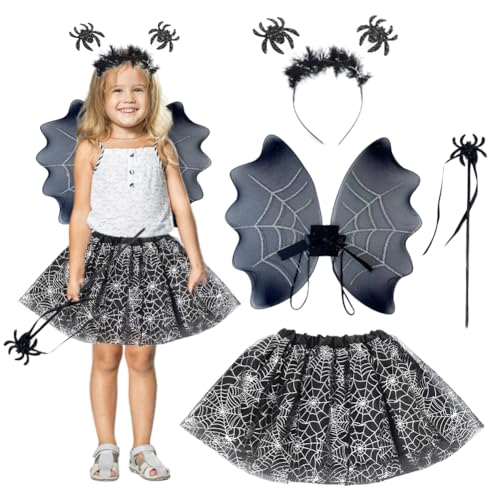 Kostüm Spinne Kinder Mädchen,Fledermaus Kostüm Kinder,Halloween Kostüm Kinder,Tüllrock,Tiara,Stab,Flügel,Kinder Zauberer Verkleiden Cosplay Kostüm Set,Für Halloween Karneval Cosplay Party (Schwarz) von ZJILIXIA