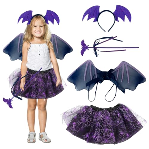 Kostüm Spinne Kinder Mädchen,Fledermaus Kostüm Kinder,Halloween Kostüm Kinder,Tüllrock,Tiara,Stab,Flügel,Kinder Zauberer Verkleiden Cosplay Kostüm Set,Für Halloween Karneval Cosplay Party (Lila) von ZJILIXIA