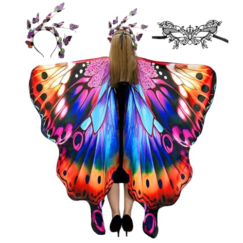 Schmetterling Kostüm Damen,Schmetterlingsflügel Erwachsene,Feenflügel,Schmetterling Umhang Schal Mit Schmetterling Haarreif Spitze Maske,Für Cosplay Karneval Halloween Weihnachten Party Kostüm (A) von ZJILIXIA